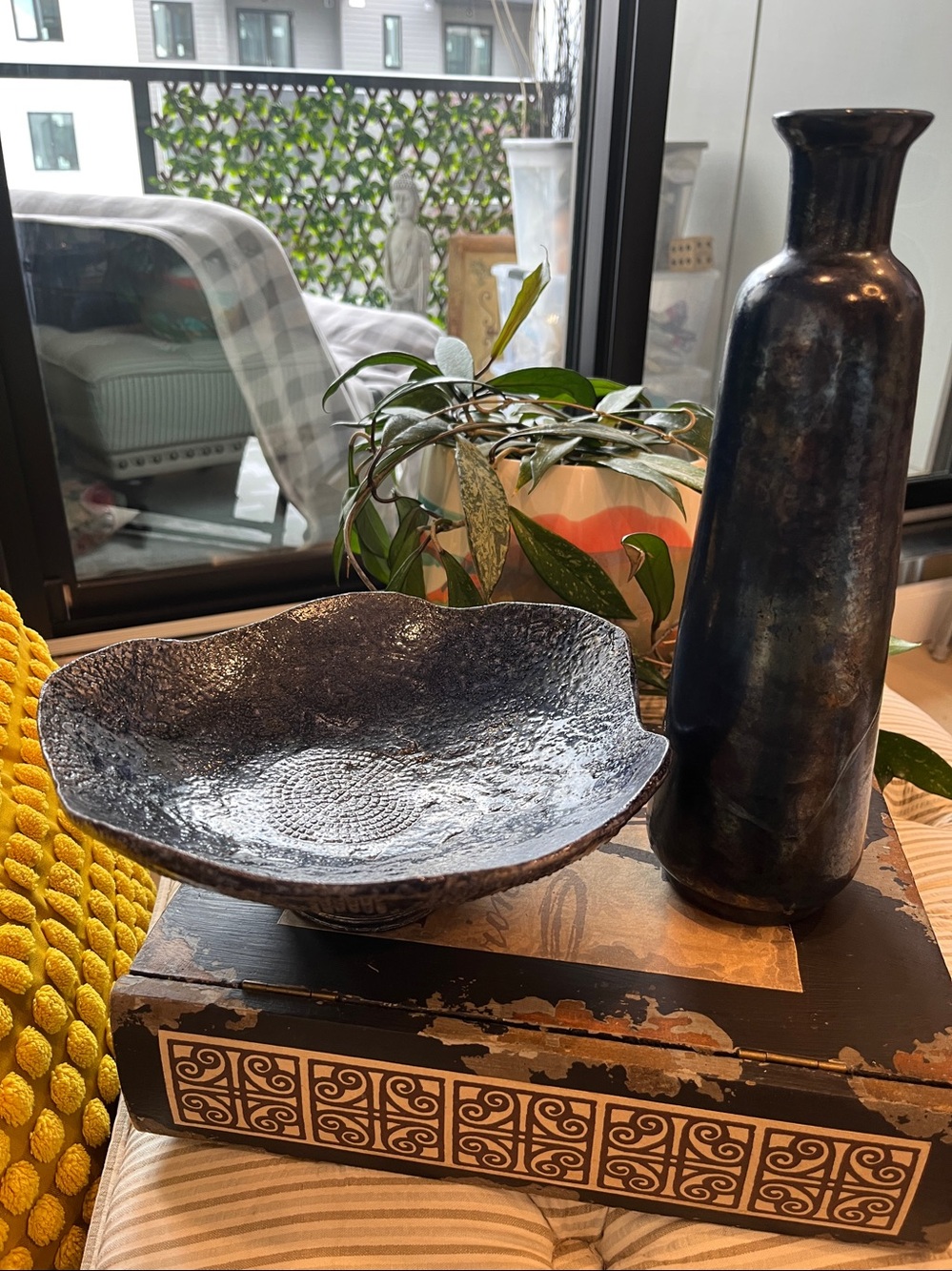 Raku dark blue Bowl and Vase Set Both are signed studio pieces